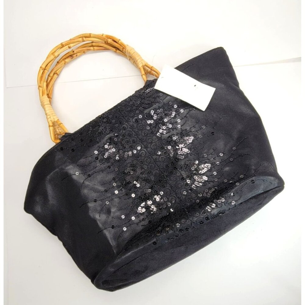 Black Sequin Fabric Tote Handbag with Bamboo Handles and Zip Top DH350